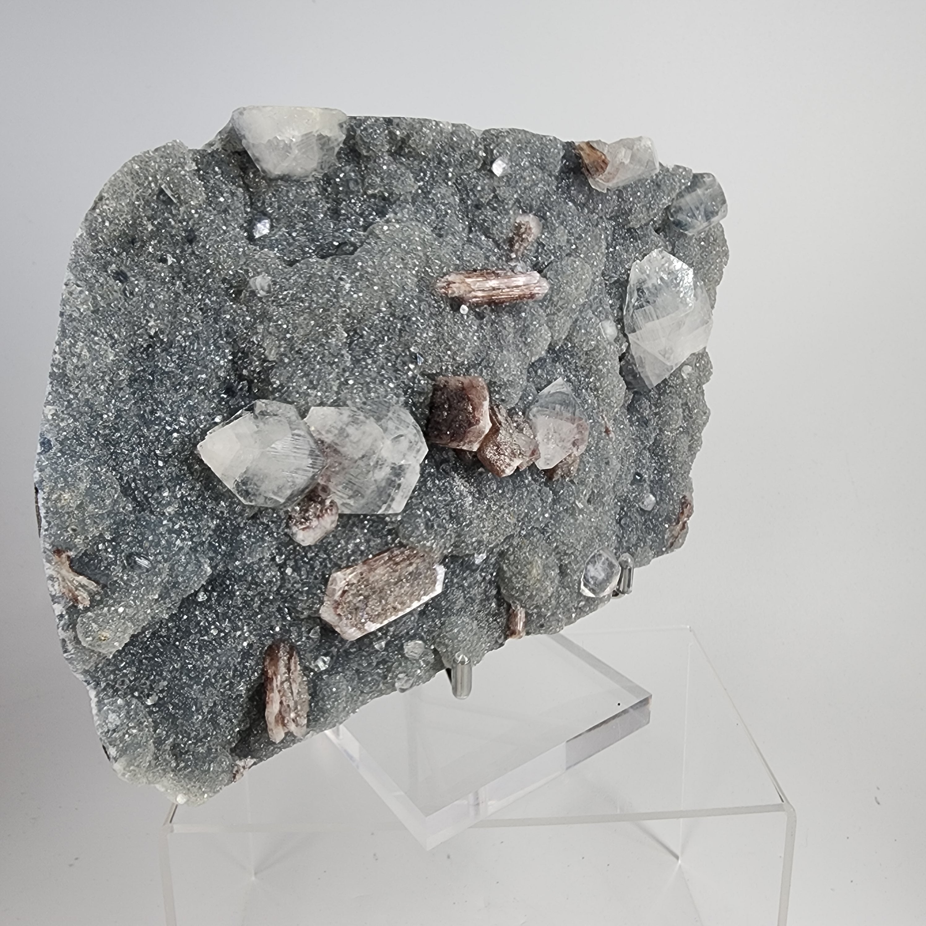 Apophyllite with Hematite Included Stilbite on Sugary Blue Chalcedony Specimen #4 from the Nasik District, Maharashtra, India