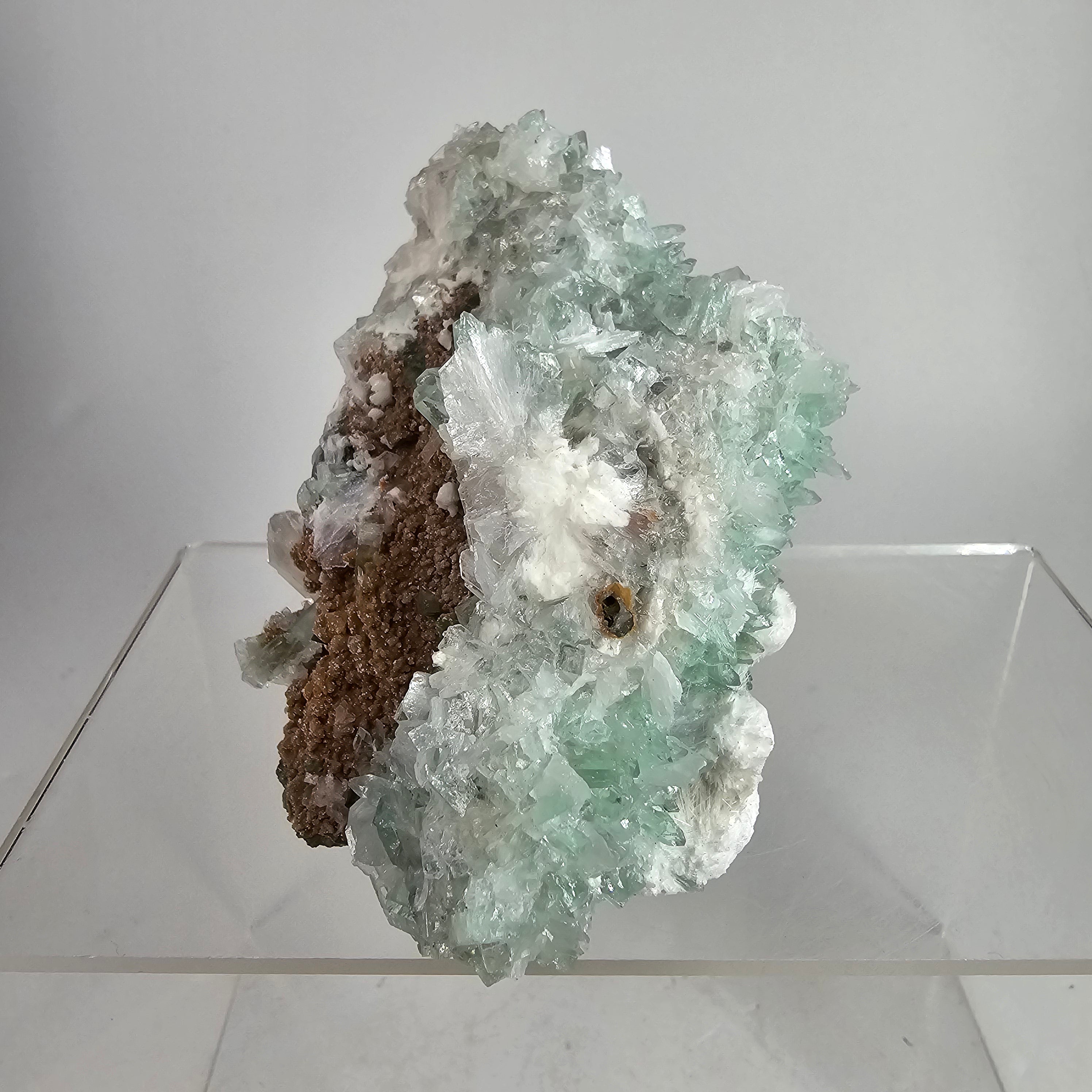 Snowball Apophyllite- Okenite on Pointed Green Apophyllite from Pune District, Maharashtra, India