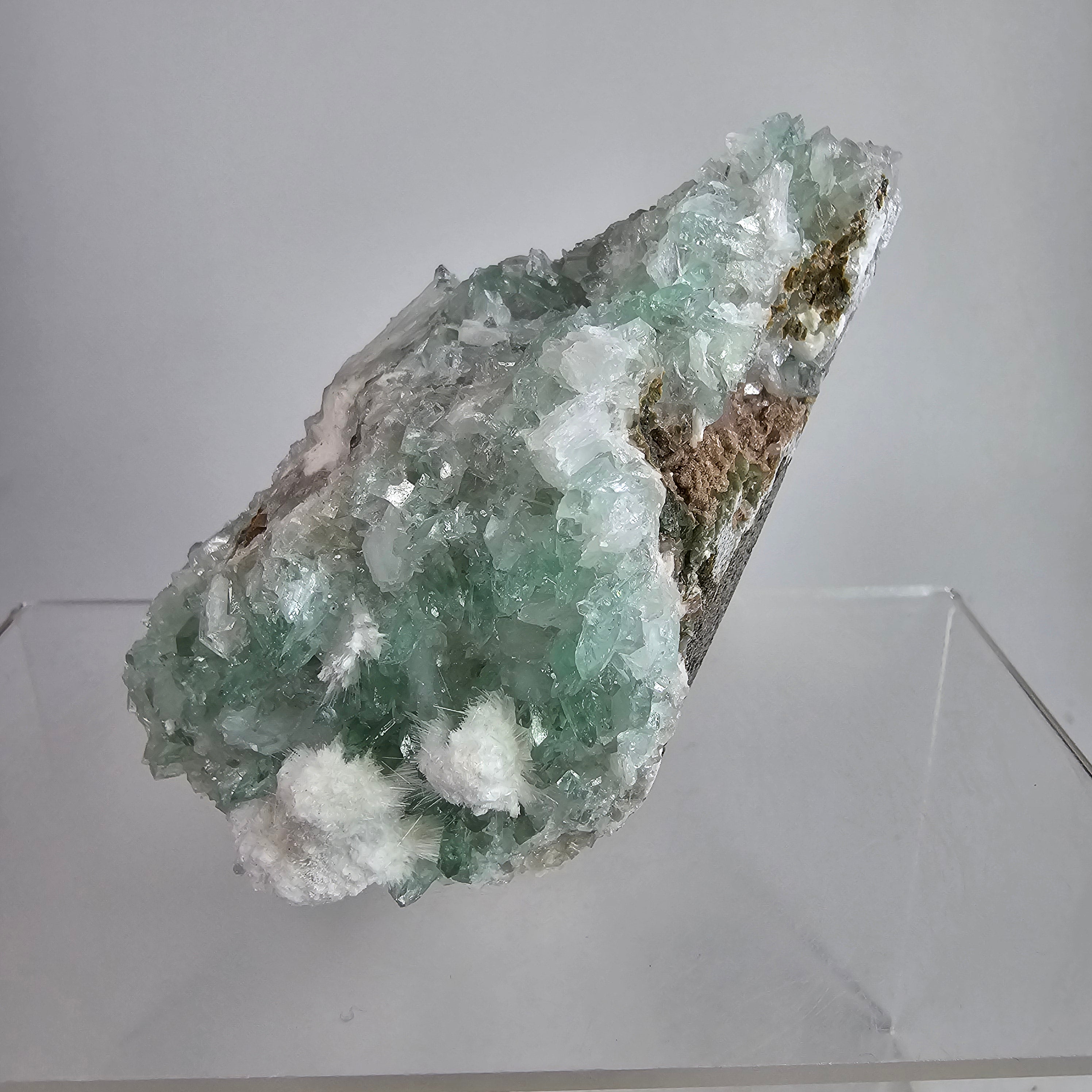 Snowball Apophyllite- Okenite on Pointed Green Apophyllite from Pune District, Maharashtra, India