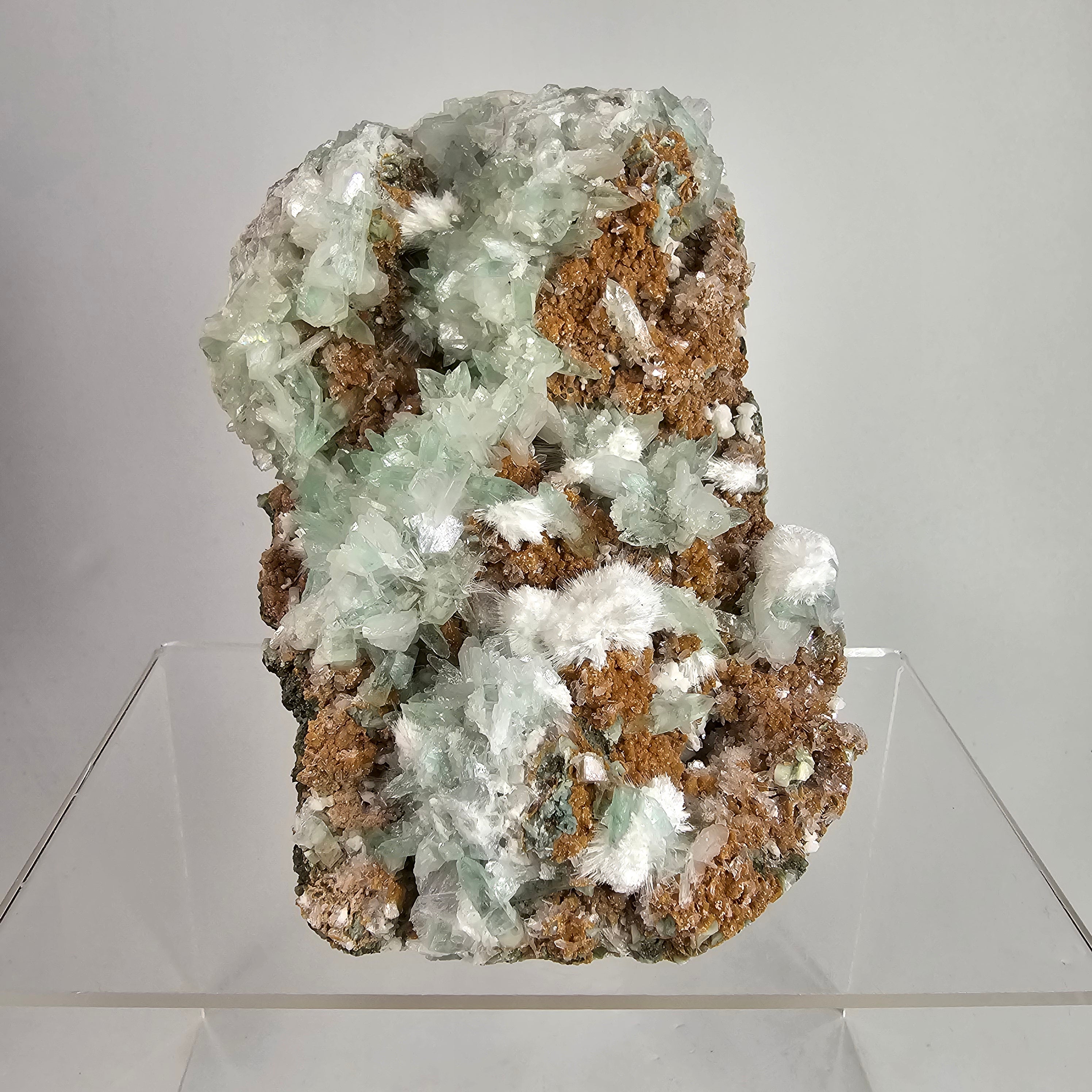 Snowball Apophyllite- Okenite on Pointed Green Apophyllite Specimen #2 from Pune District, Maharashtra, India