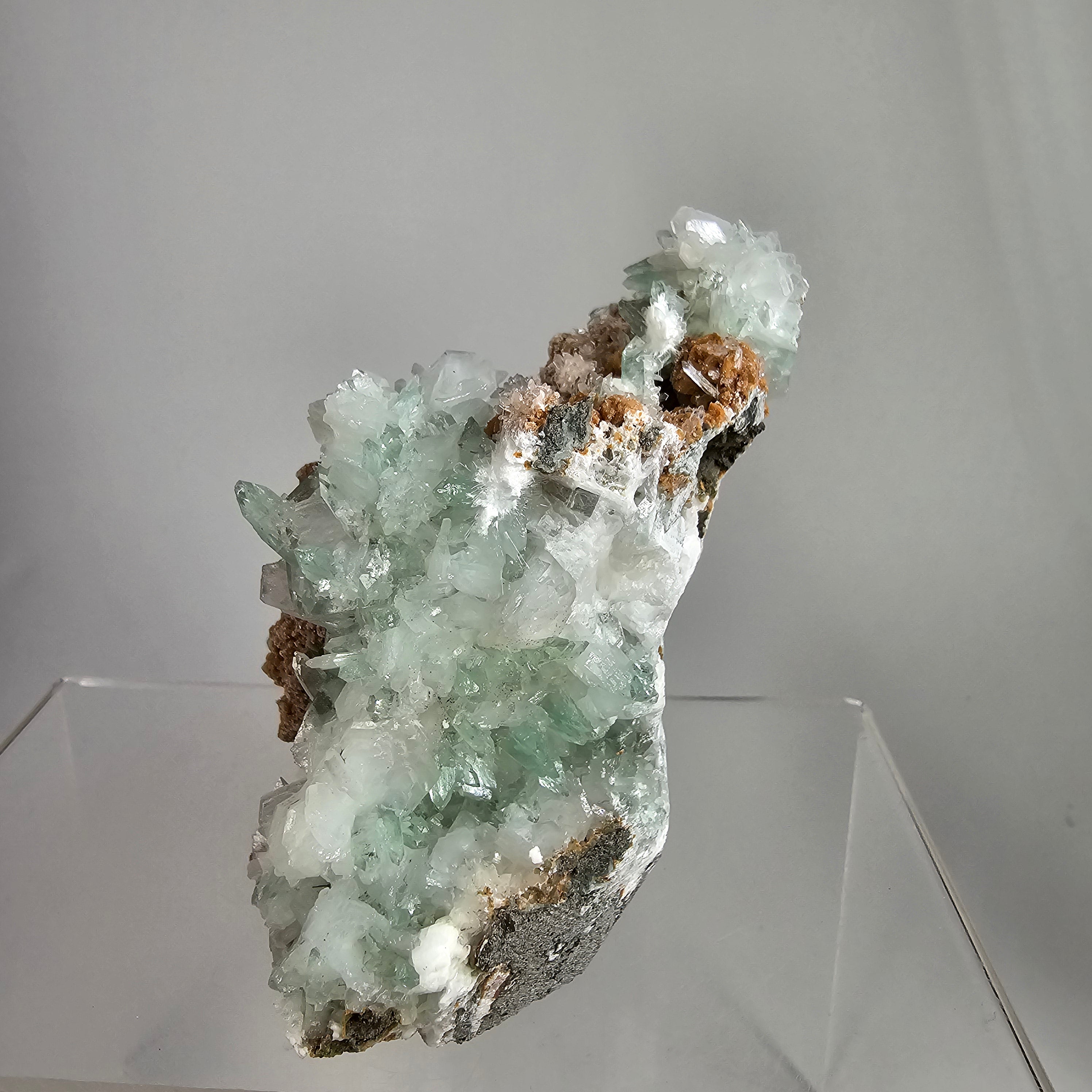 Snowball Apophyllite- Okenite on Pointed Green Apophyllite Specimen #5 from Pune District, Maharashtra, India