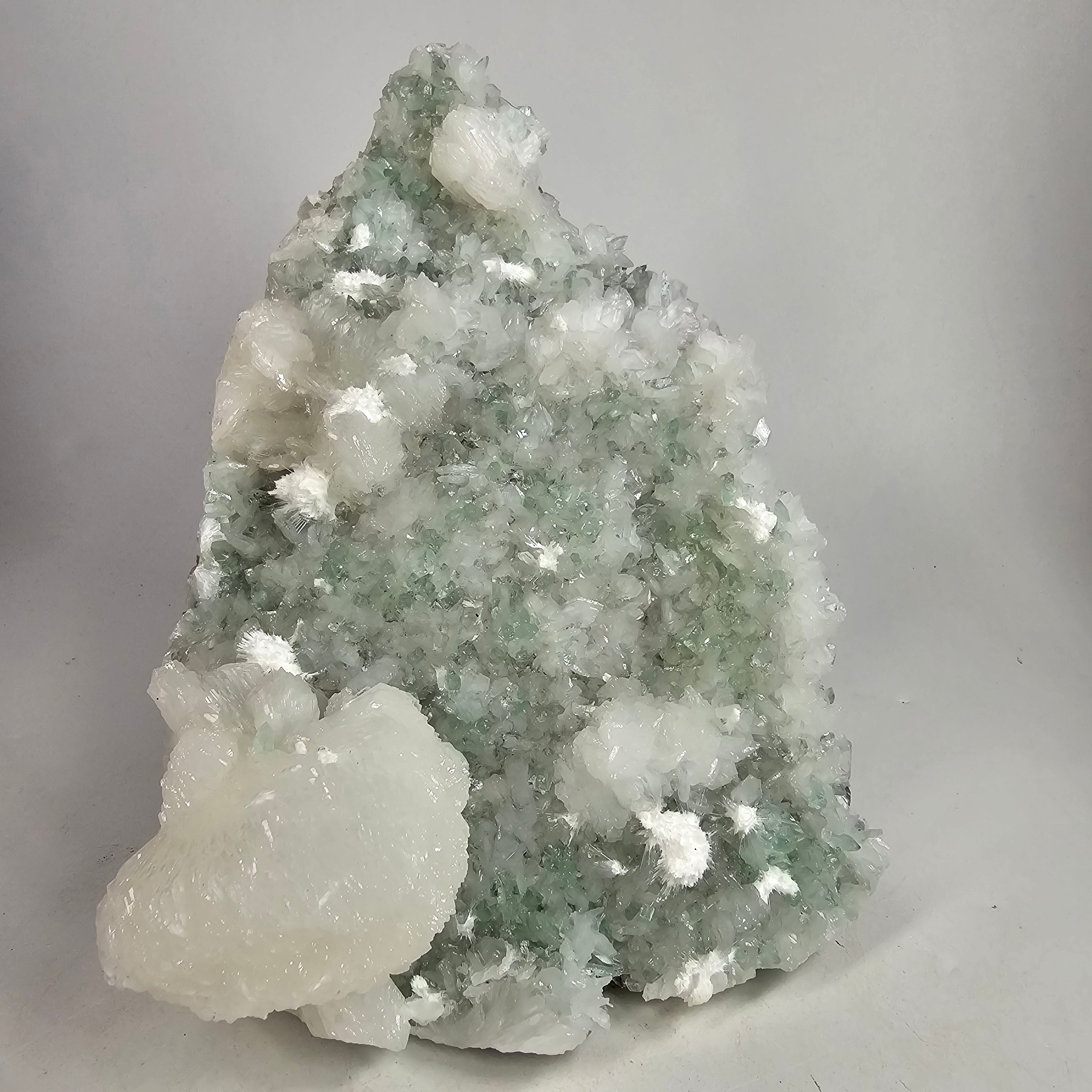 Snowball Apophyllite- Okenite on Pointed Green Apophyllite Specimen #6 from Pune District, Maharashtra, India