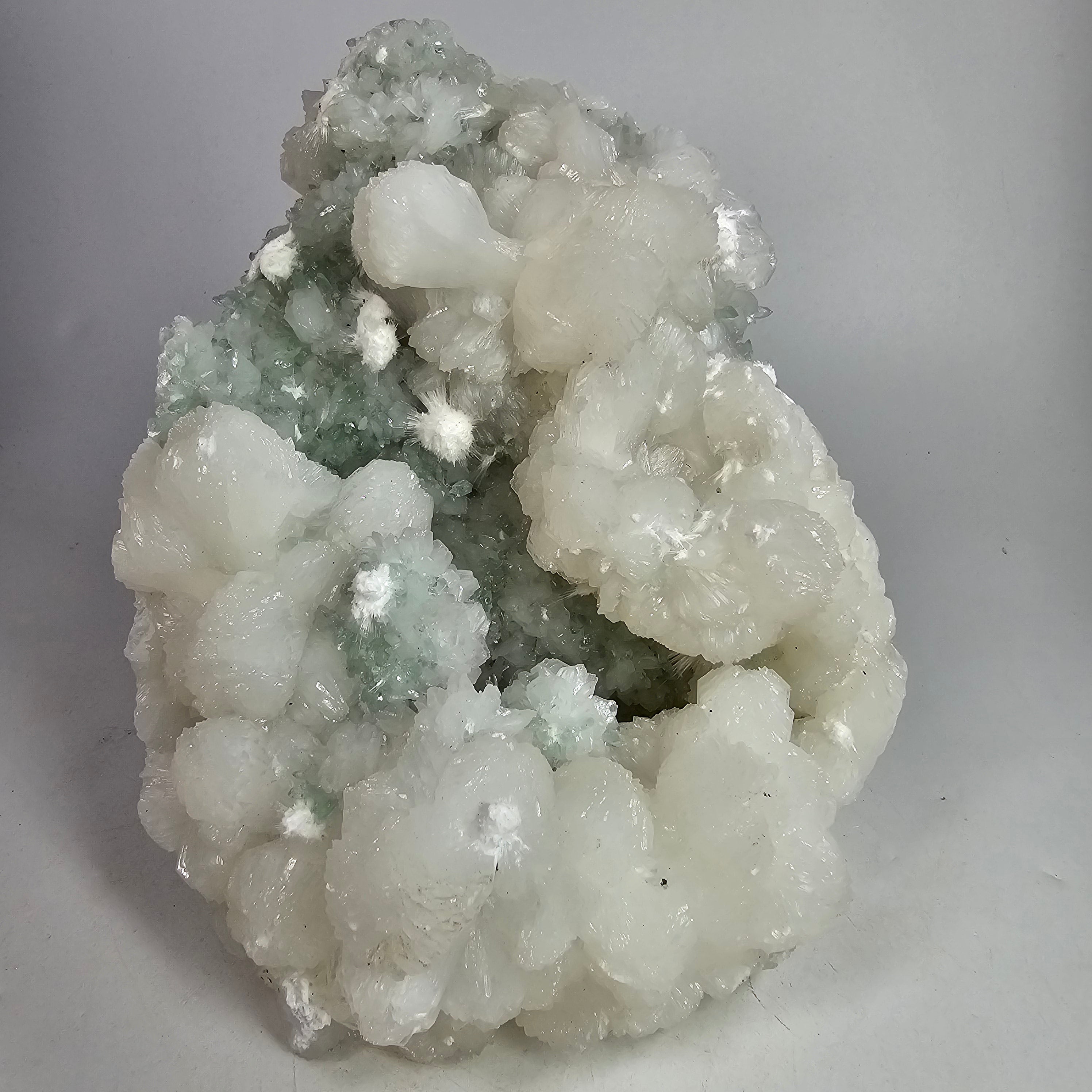 Snowball Apophyllite- Okenite on Pointed Green Apophyllite Specimen #7 from Pune District, Maharashtra, India