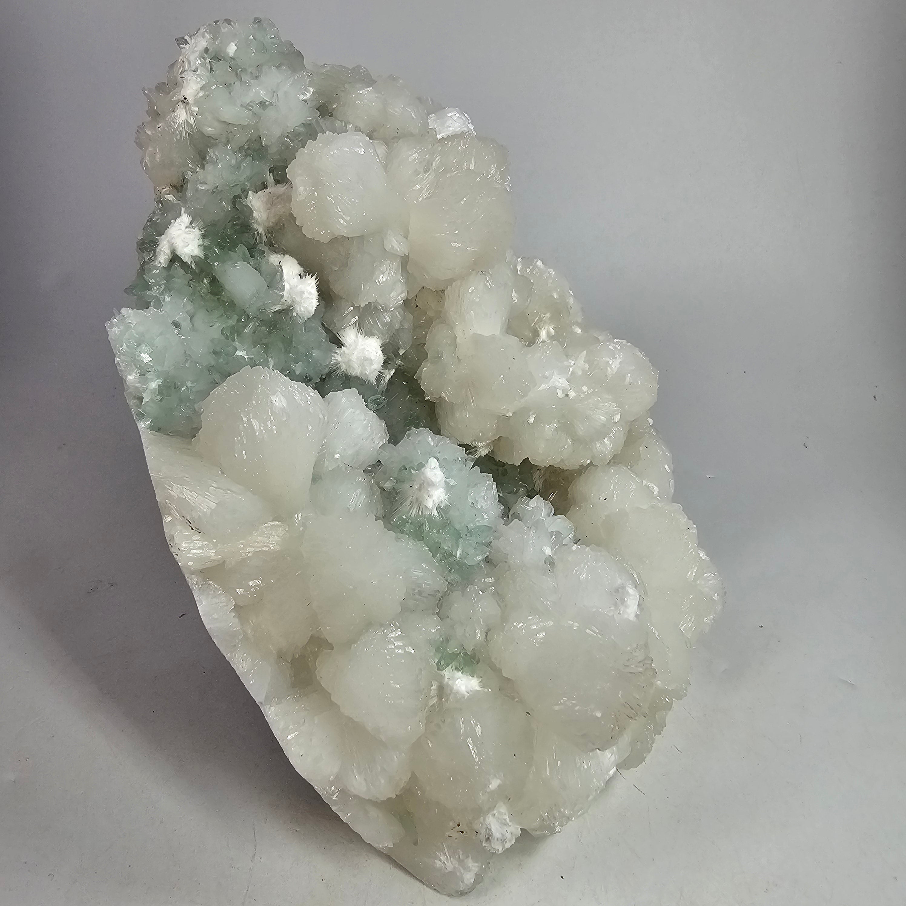 Snowball Apophyllite- Okenite on Pointed Green Apophyllite Specimen #7 from Pune District, Maharashtra, India