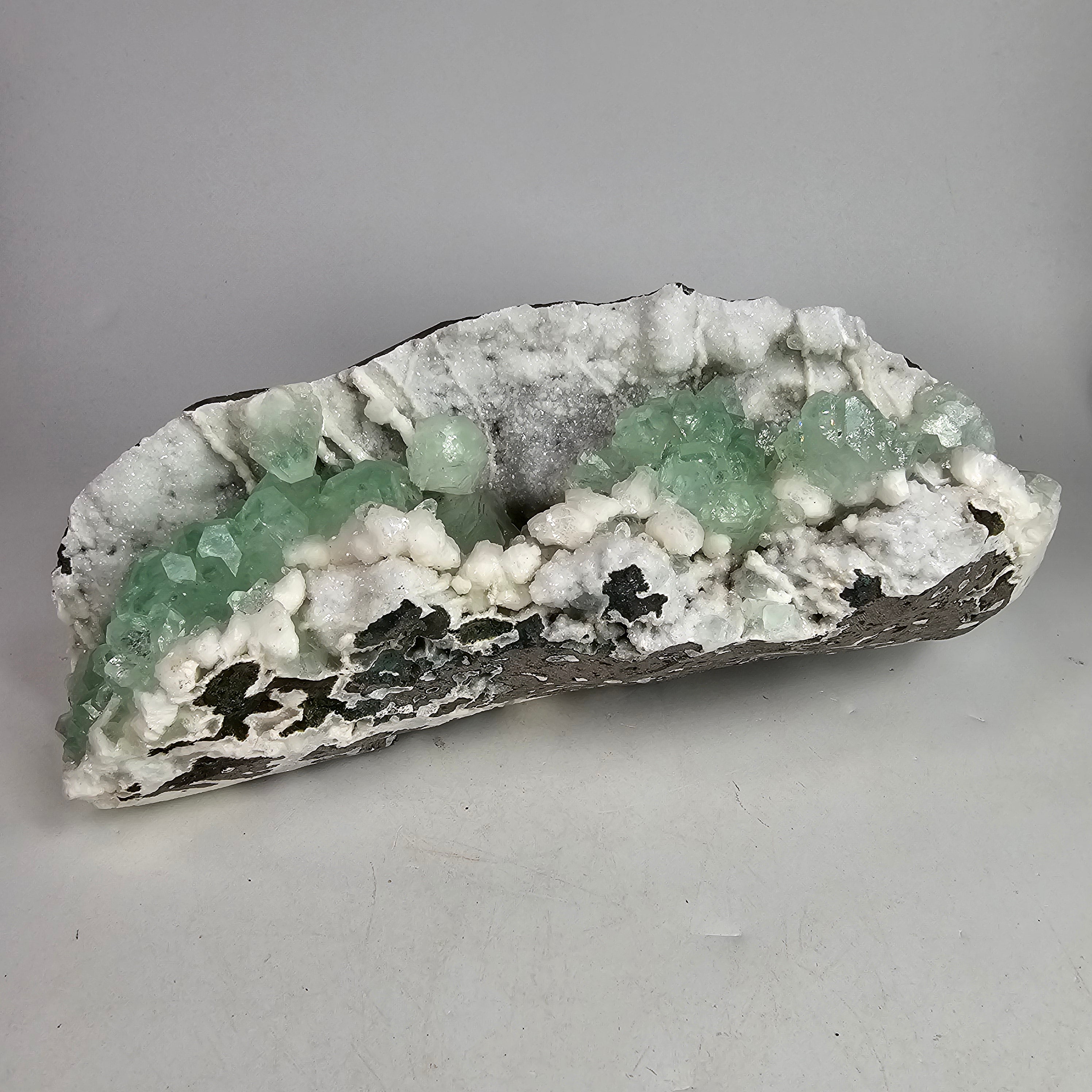 Arctic Mint Apophyllite -  Green Apophyllite on White Chalcedony Specimen #1 from Pune District, Maharashtra, India