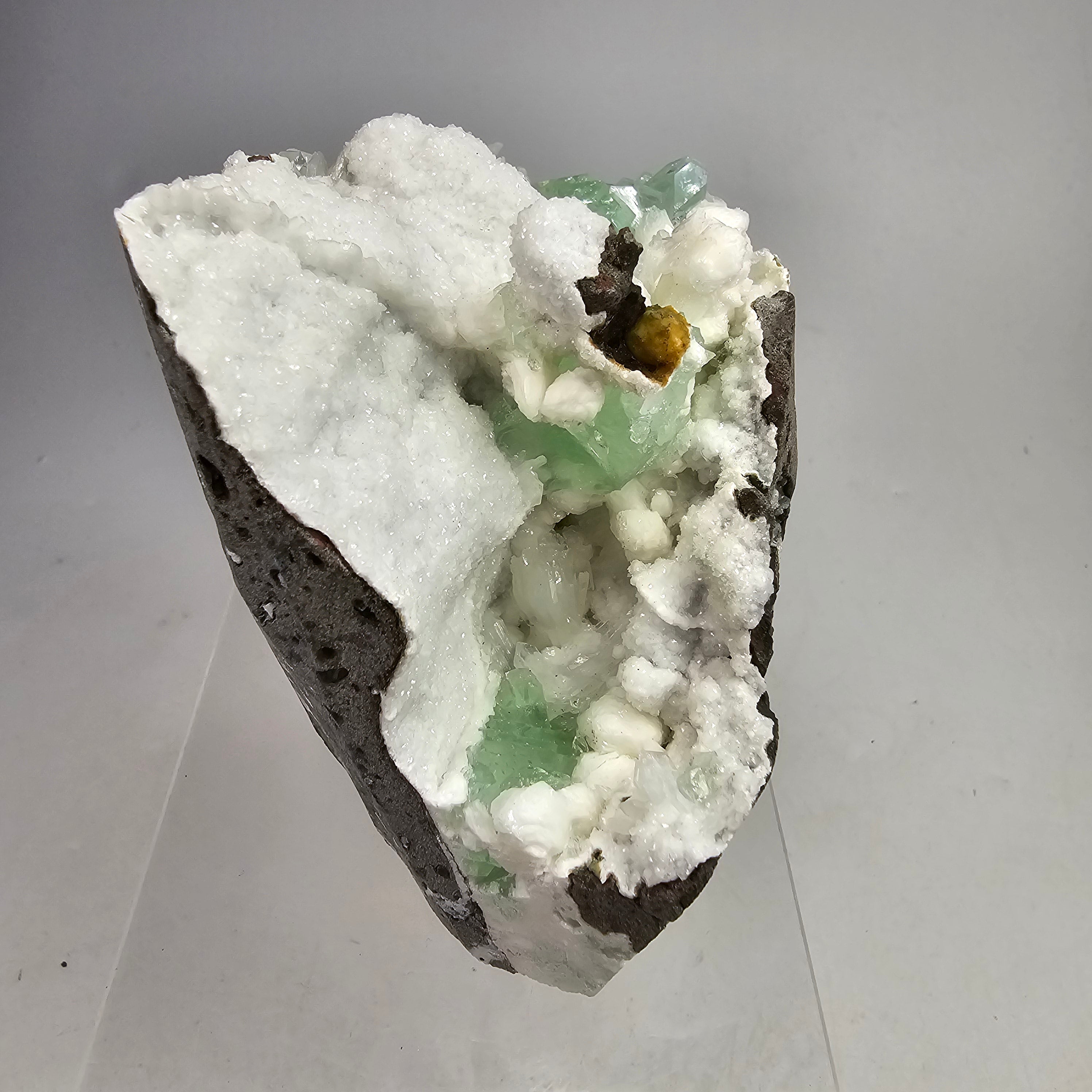 Arctic Mint Apophyllite -  Green Apophyllite on White Chalcedony Specimen #5 from Pune District, Maharashtra, India