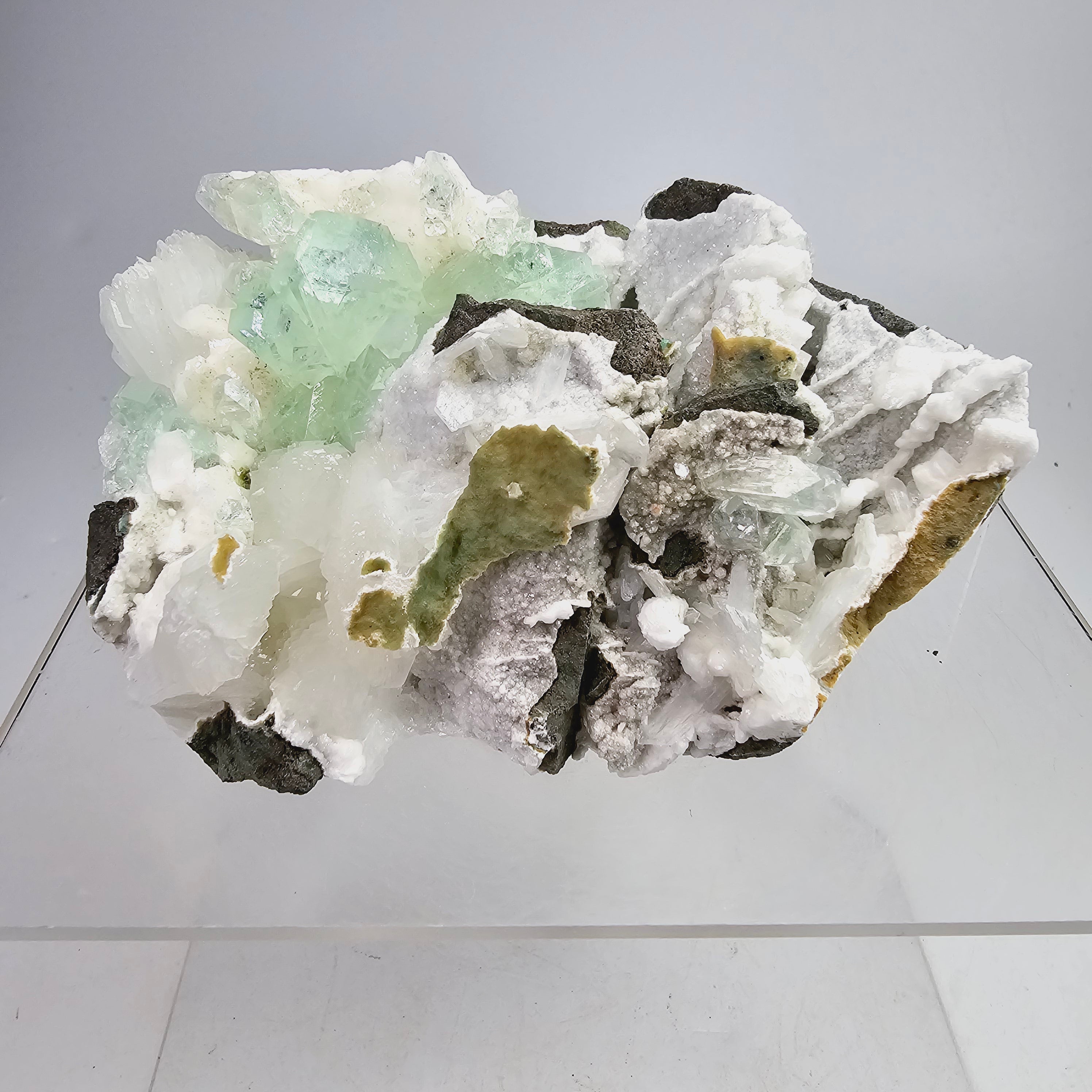 Arctic Mint Apophyllite -  Green Apophyllite on White Chalcedony Specimen #9 from Pune District, Maharashtra, India