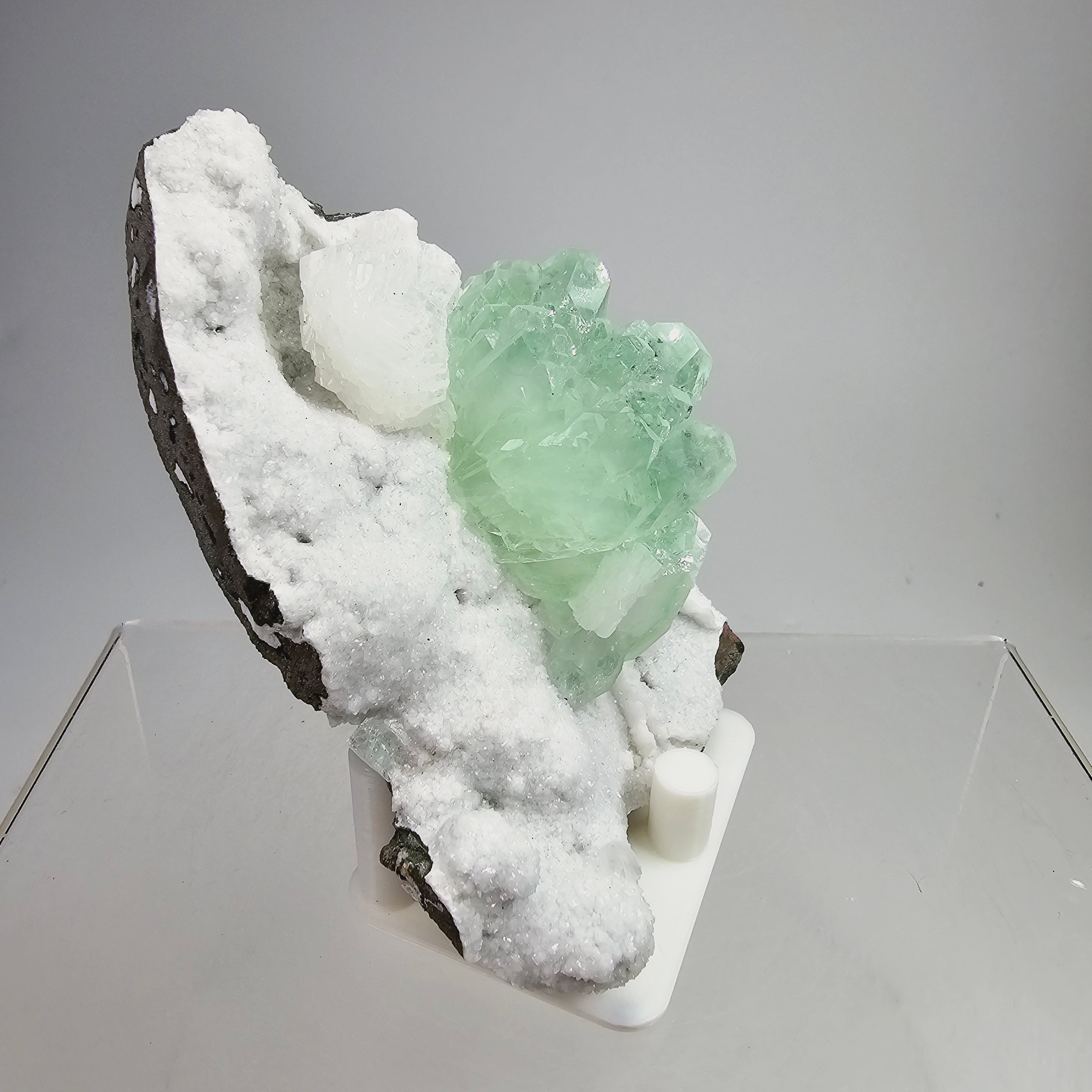 Arctic Mint Apophyllite -  Green Apophyllite on White Chalcedony Specimen #16 from Pune District, Maharashtra, India