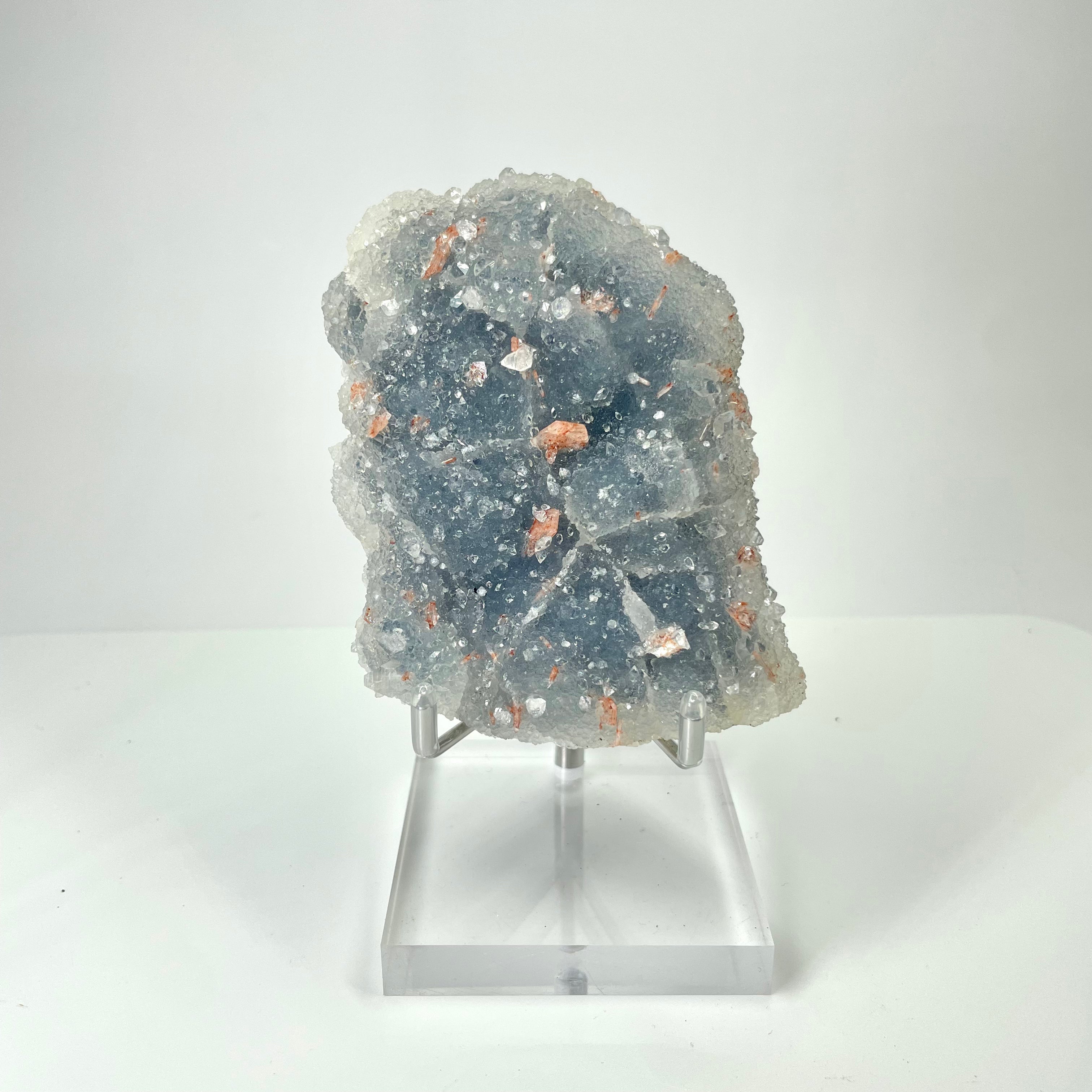 Apophyllite with Hematite Included Stilbite on Sugary Blue Chalcedony Specimen #1 (Nasik, Maharashtra, India) #006