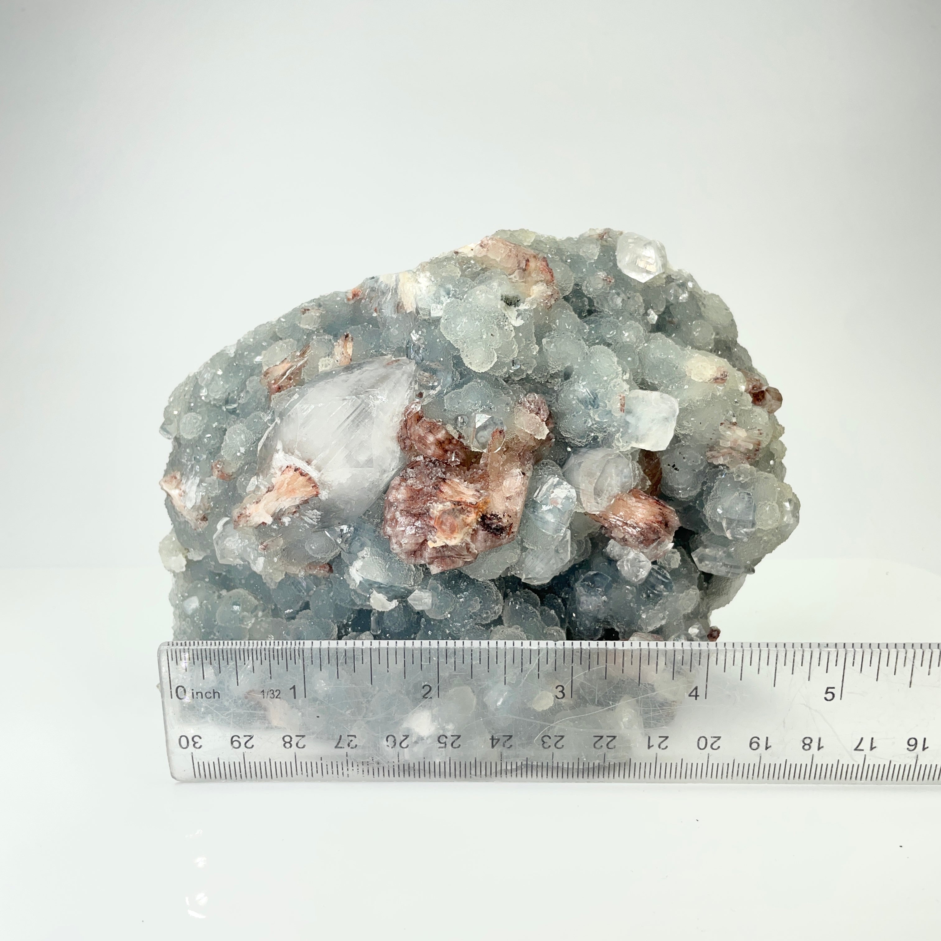 Apophyllite with Hematite Included Stilbite on Sugary Blue Chalcedony Specimen #1 (Nasik, Maharashtra, India) #011