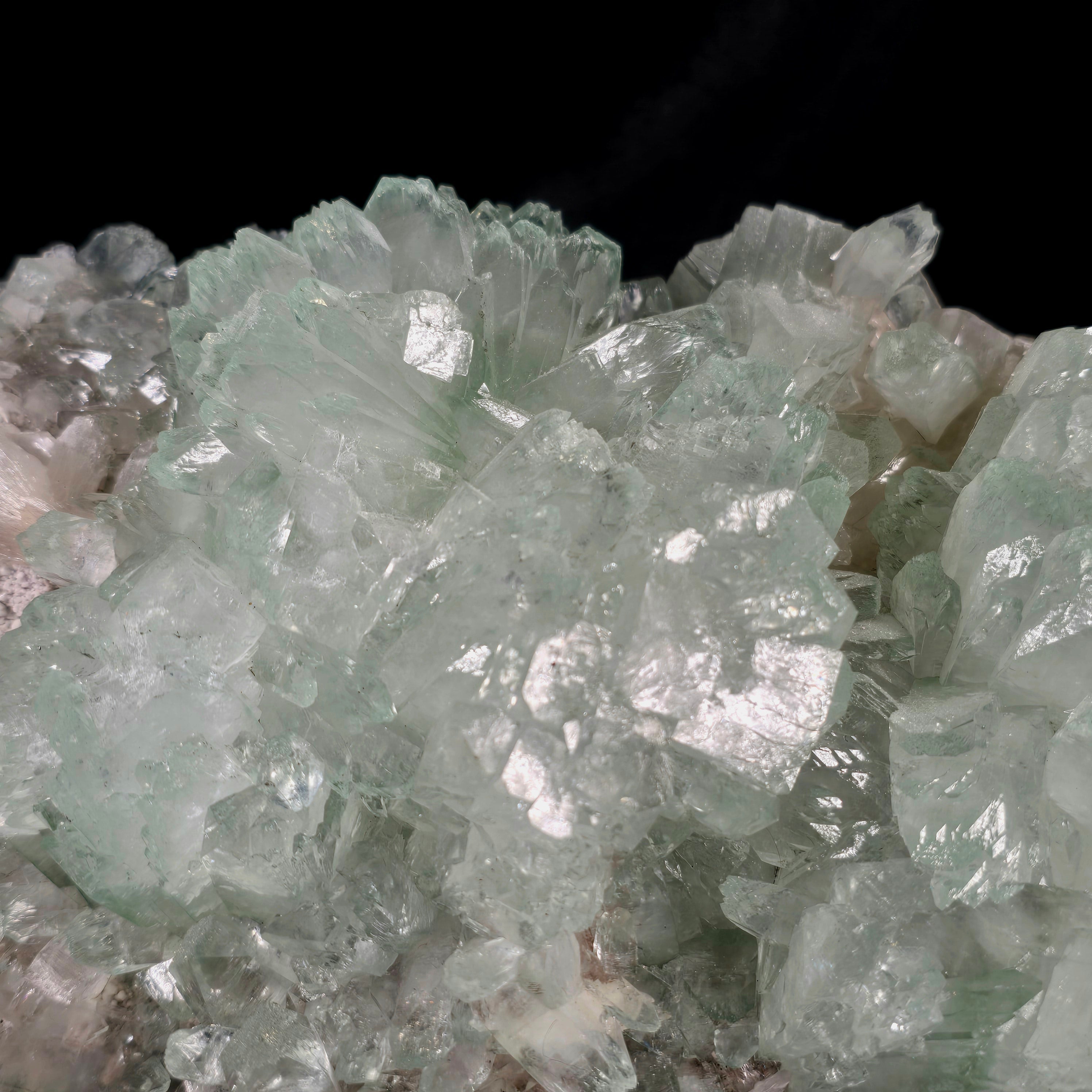 Jasmine Mint - Flowered Green Apophyllite with Stilbite on Chalcedony Stalactites Specimen #14 from Pune, India