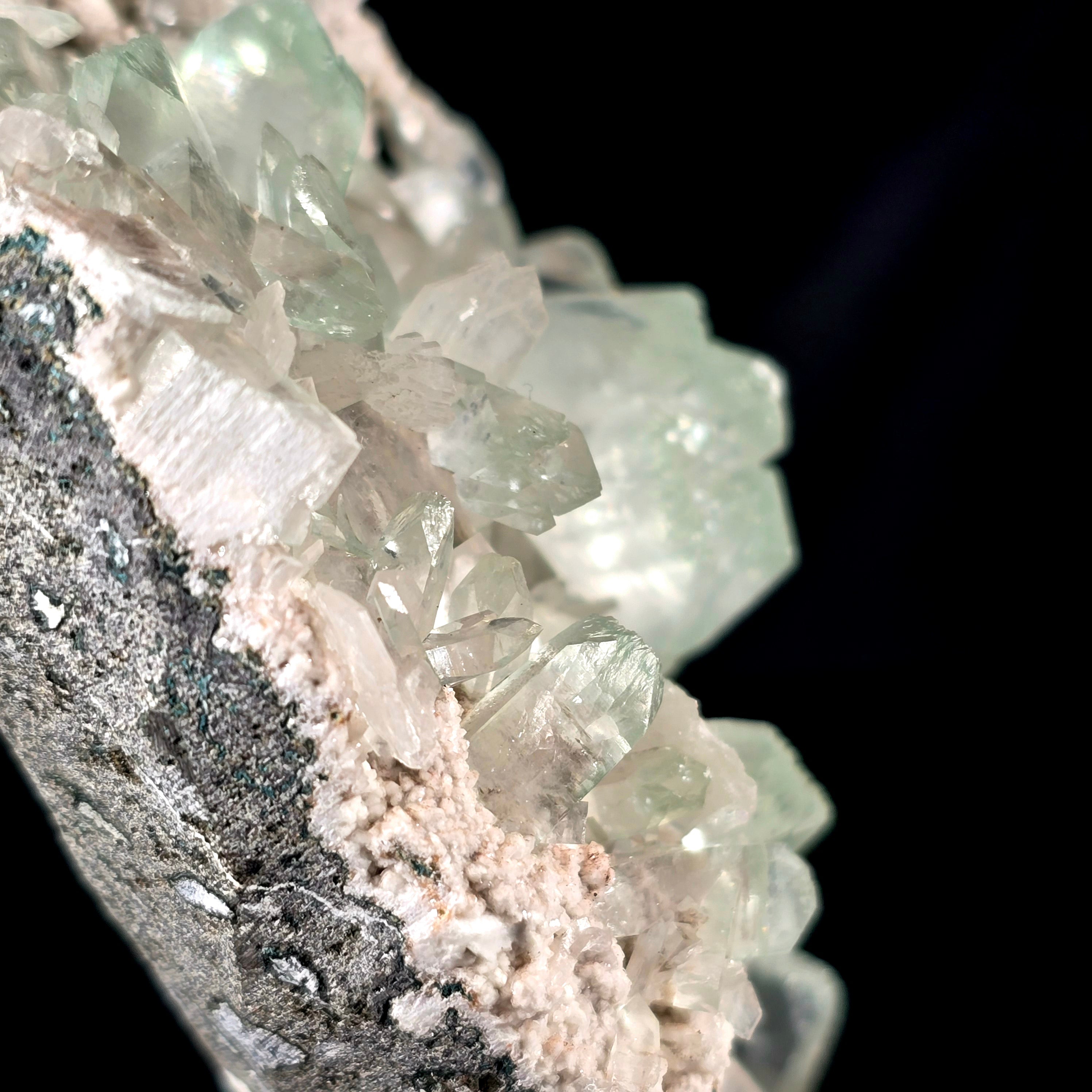 Jasmine Mint - Flowered Green Apophyllite with Stilbite on Chalcedony Stalactites Specimen #5 from Pune, India