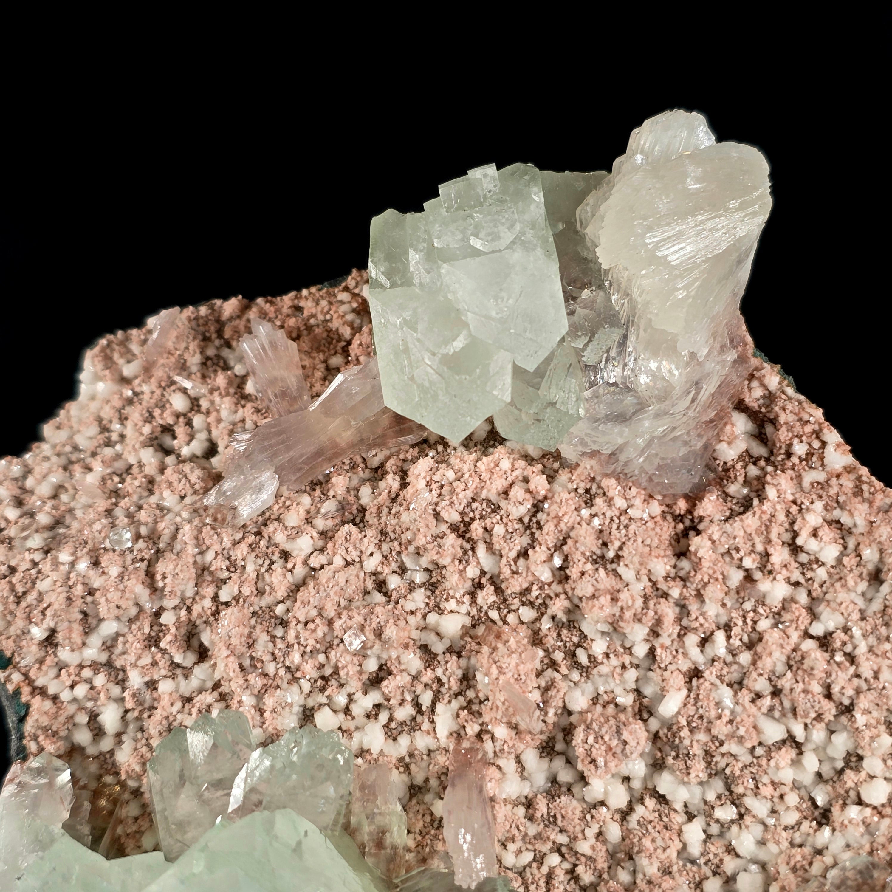 "Pink Peony"  Flowered Green Apophyllite on Pink Chalcedony Specimen #2  from Pune District, Maharashtra, India