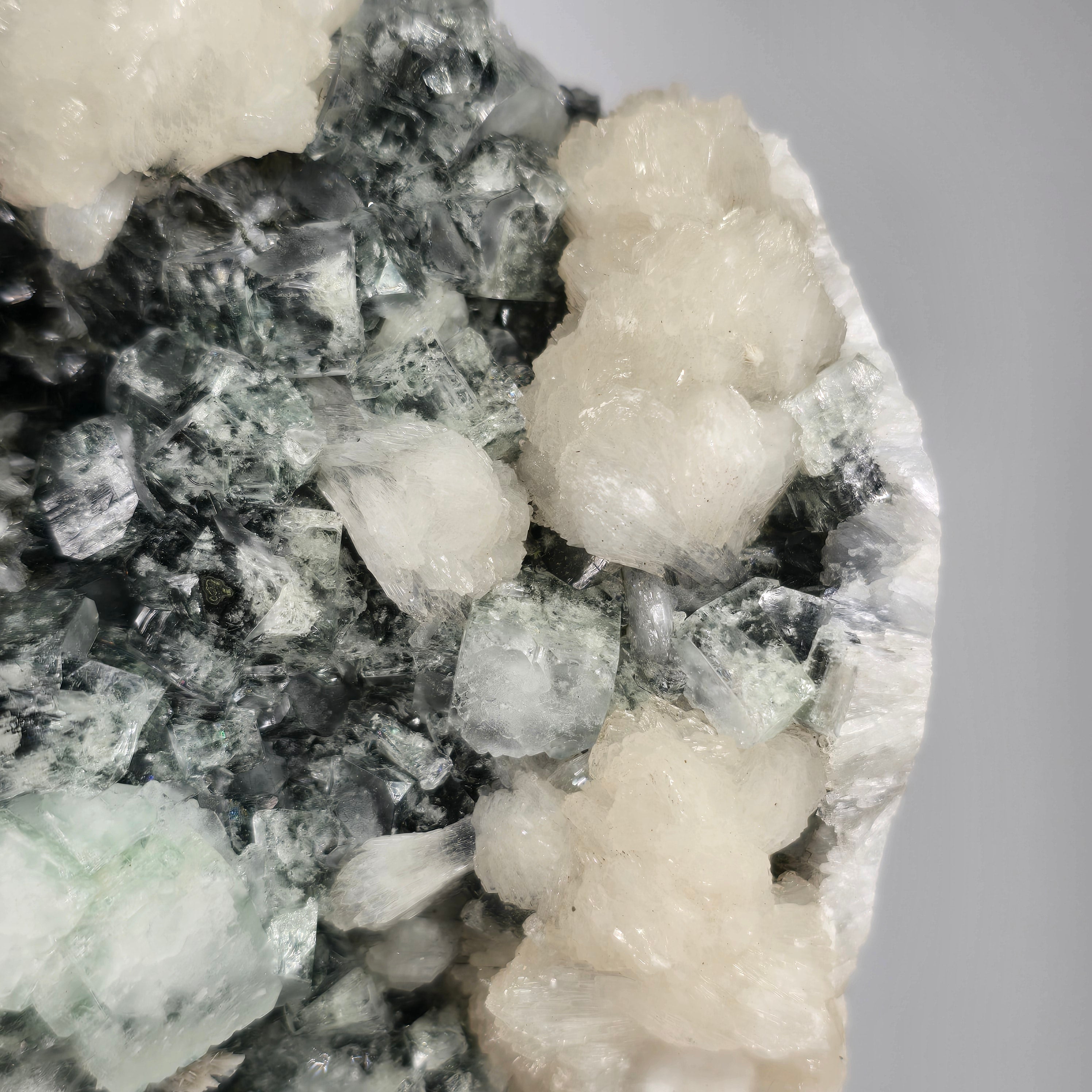 Midnight Apophyllite - Black & Green Apophyllite with Scolecite on Chalcedony Specimen #7 from Pune District, Maharashtra, India