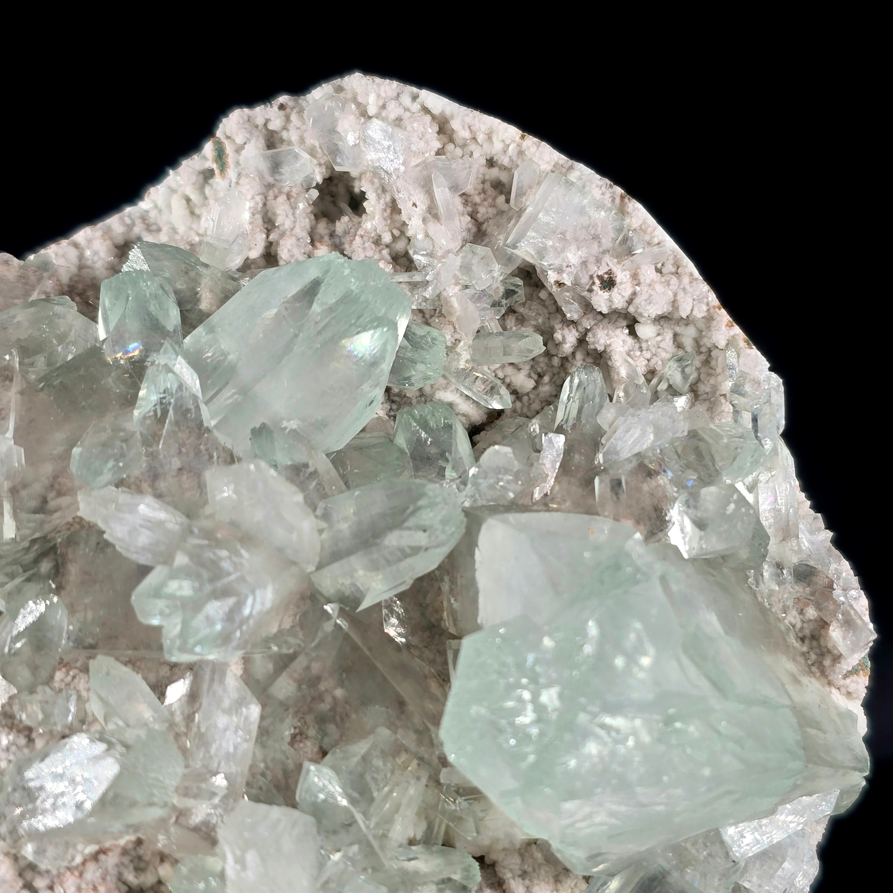 Jasmine Mint - Flowered Green Apophyllite with Stilbite on Chalcedony Stalactites Specimen #5 from Pune, India