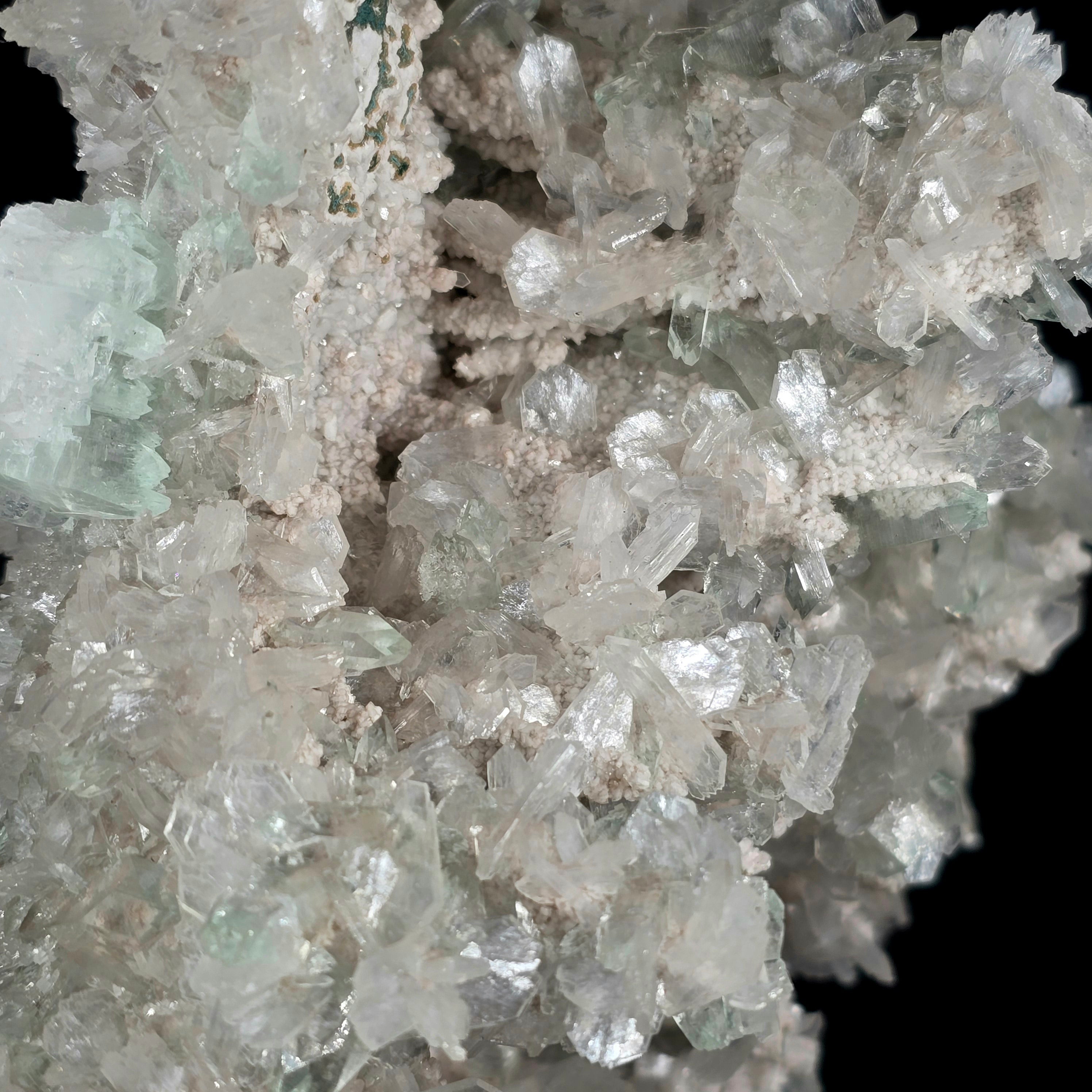 Jasmine Mint - Flowered Green Apophyllite with Stilbite on Chalcedony Stalactites Specimen #15 from Pune, India