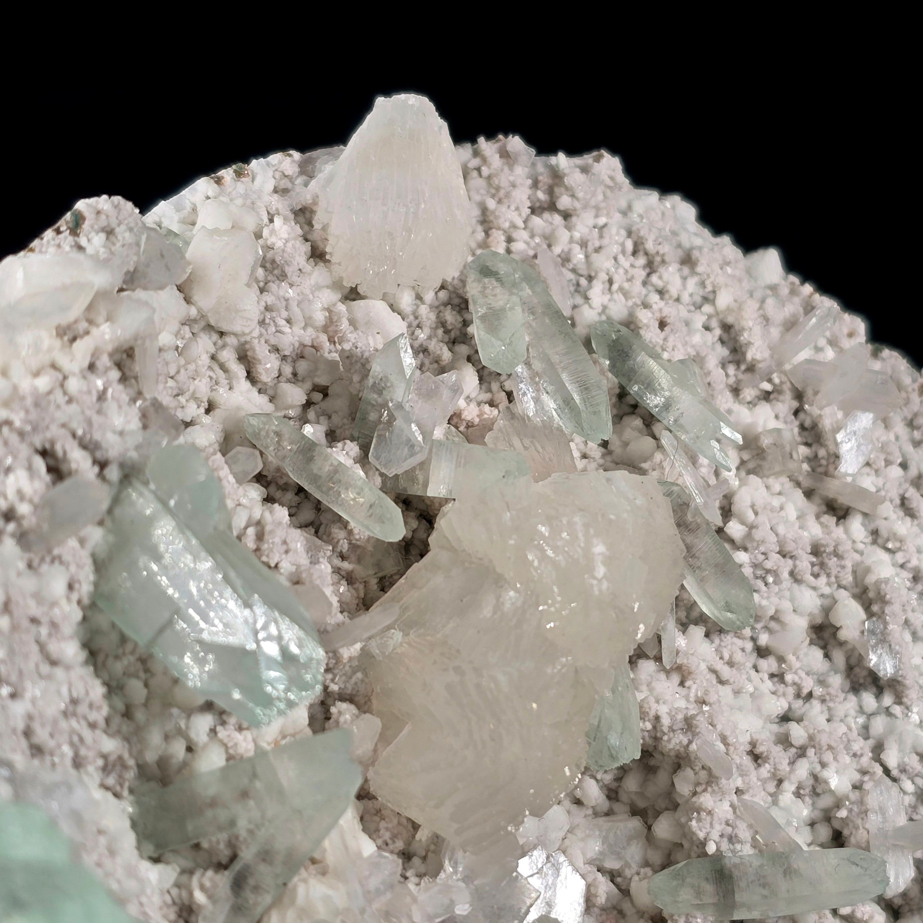 Jasmine Mint - Flowered Green Apophyllite with Stilbite on Chalcedony Stalactites Specimen #6 from Pune, India