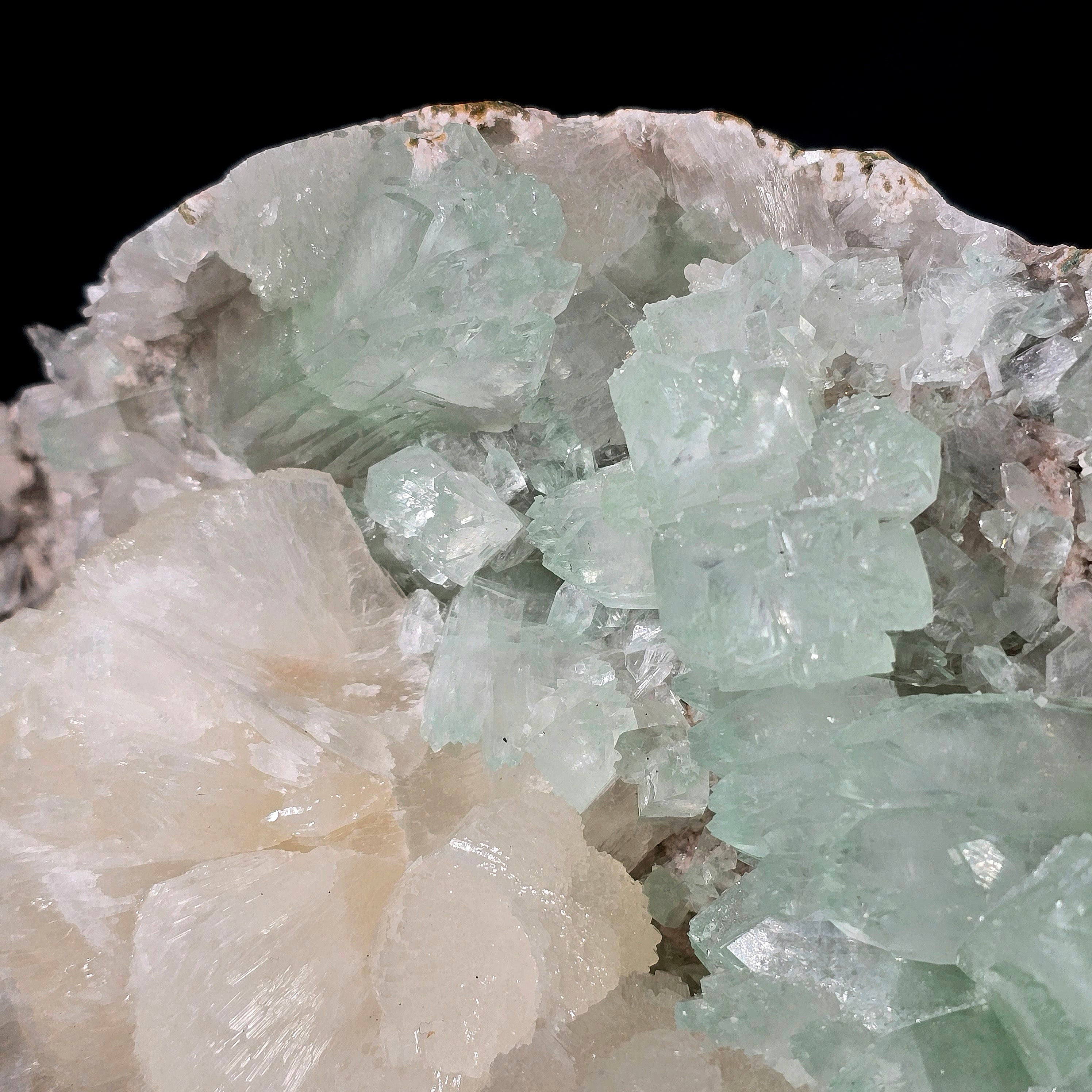 Jasmine Mint - Flowered Green Apophyllite with Stilbite on Chalcedony Stalactites Specimen #11 from Pune, India