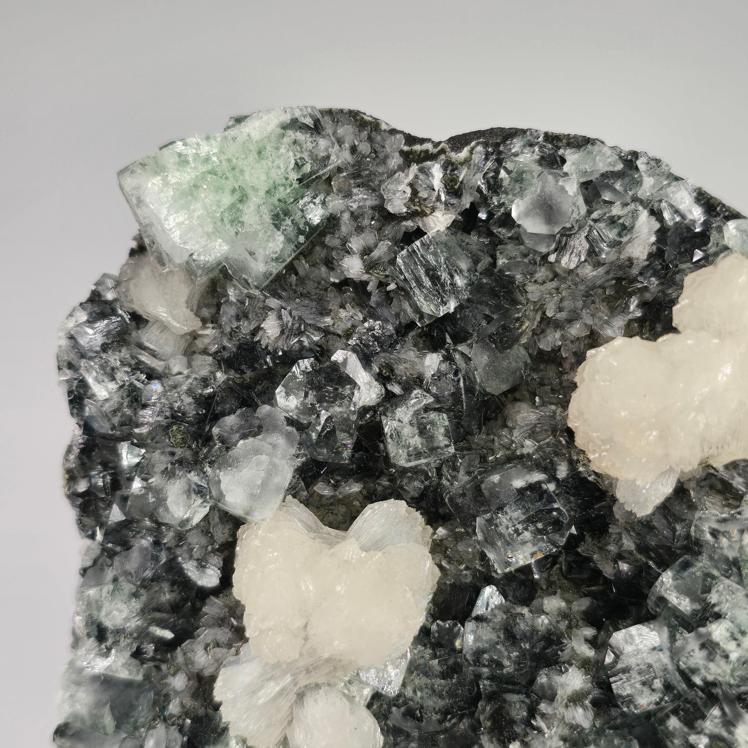 Midnight Apophyllite - Black & Green Apophyllite with Scolecite on Chalcedony Specimen #7 from Pune District, Maharashtra, India