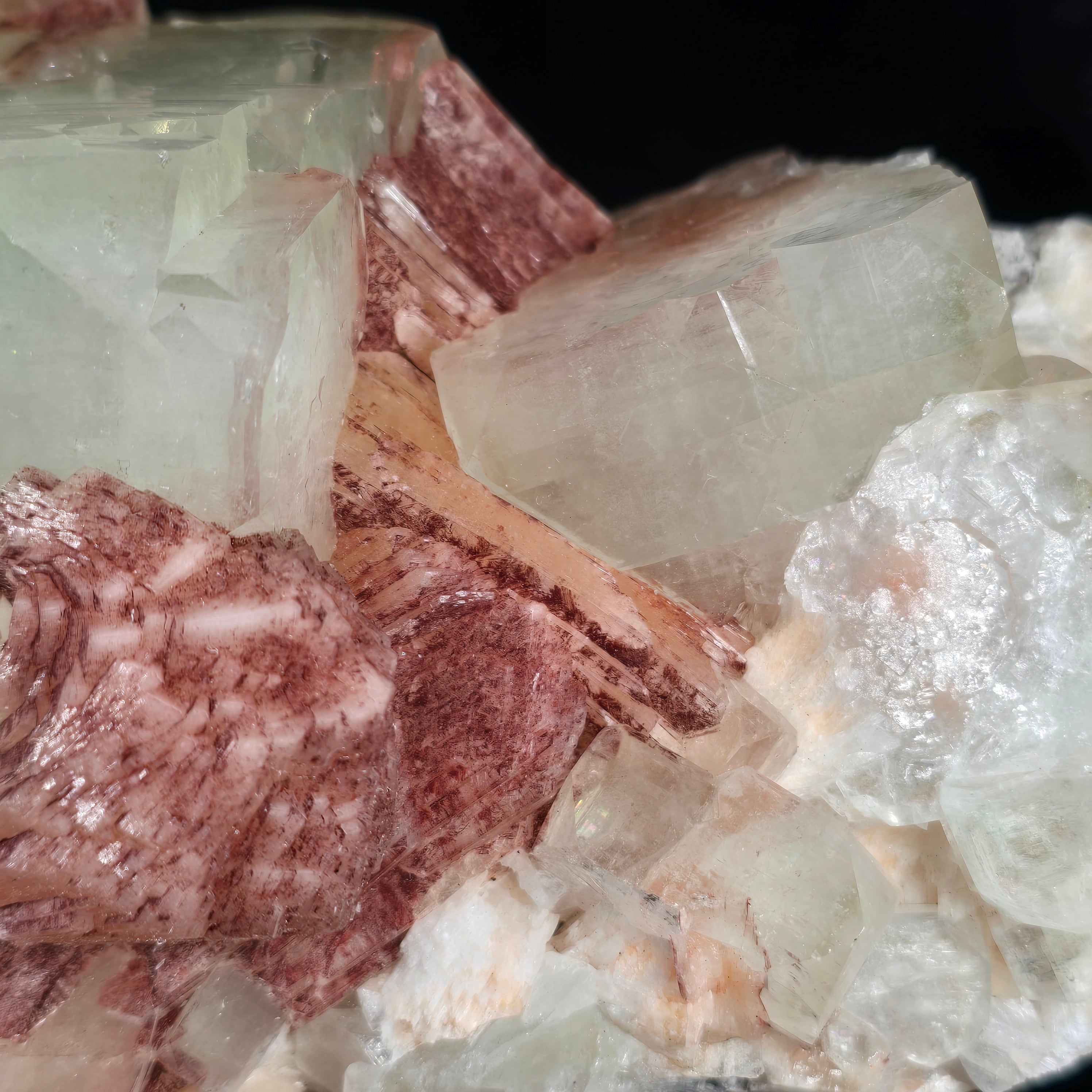 Cherry Jubilee Apophyllite - Cubic Apophyllite with Hematite Included Stilbite and Powellite Specimen #16 from Nashik District, Maharashtra, India