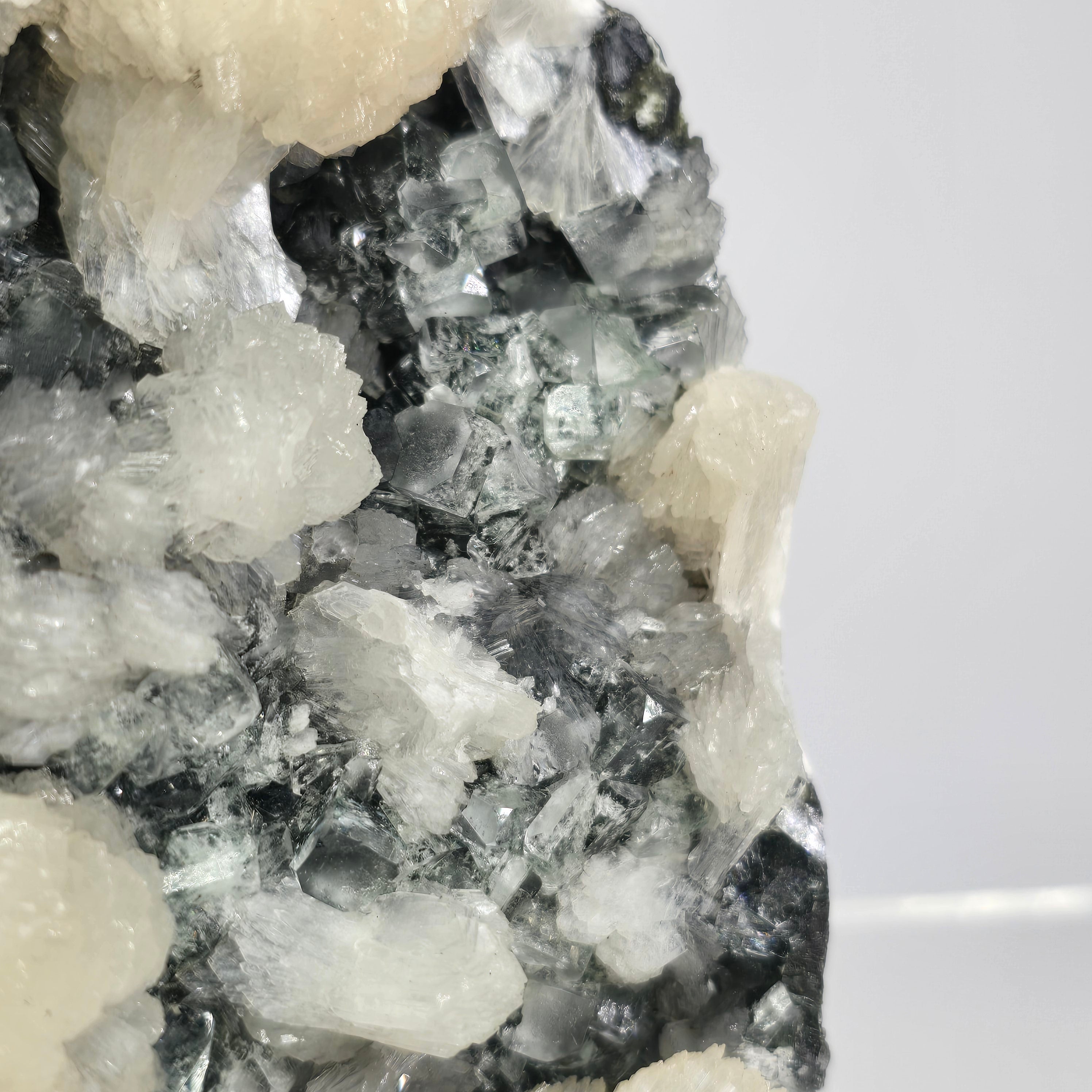 Midnight Apophyllite - Black & Green Apophyllite with Scolecite on Chalcedony Specimen #6 from Pune District, Maharashtra, India